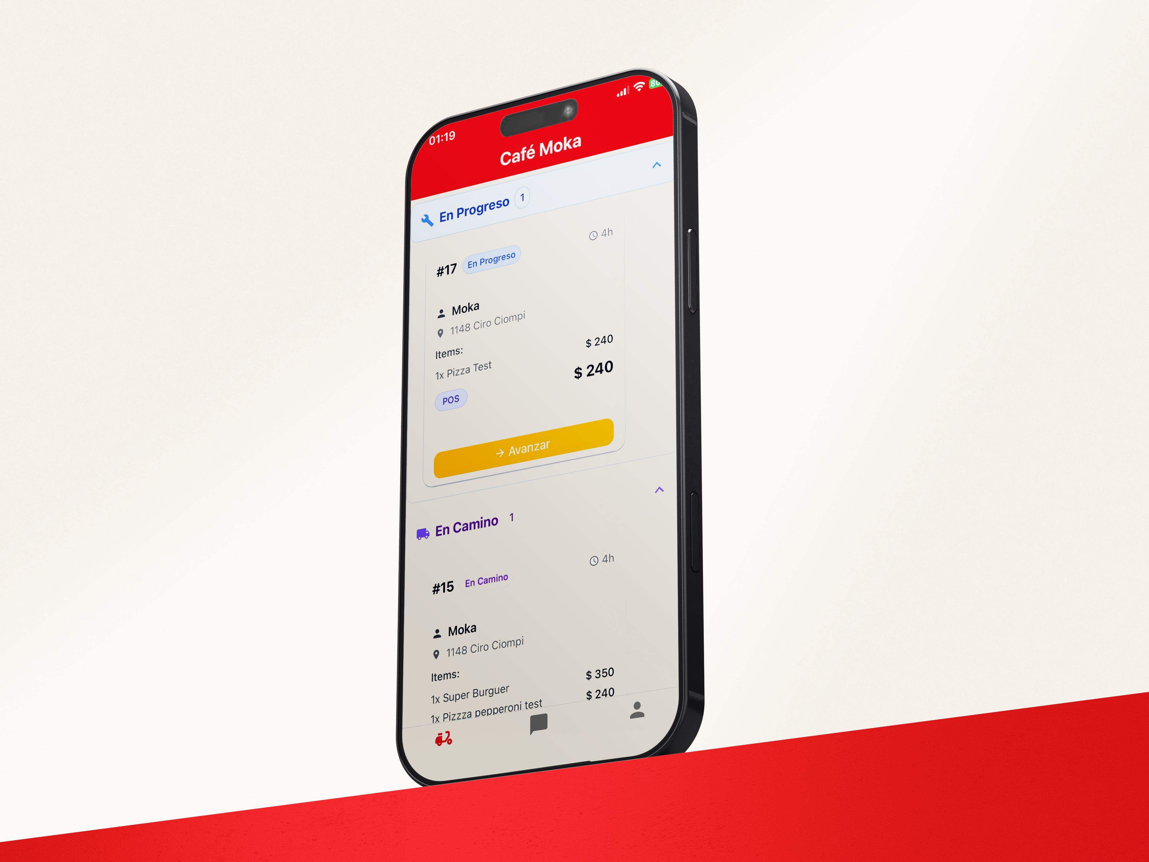 Gestión de pedidos en la app admin Moka